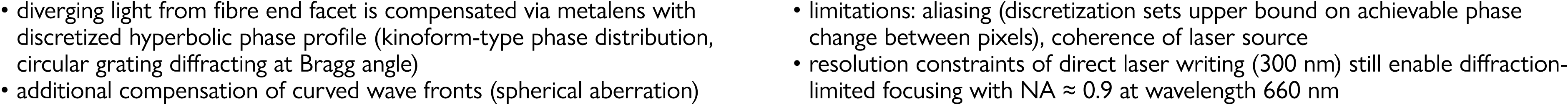   diverging light from fibre end facet is compensated via metalens with discretized hyperbolic phase profile (kinofor   