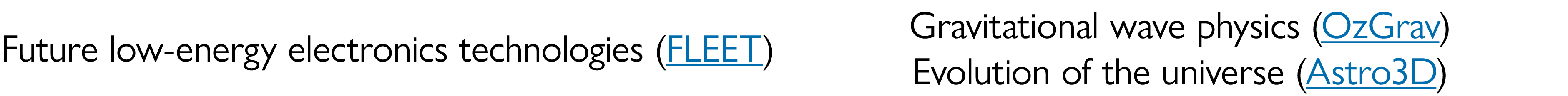 Future low energy electronics technologies (FLEET) Gravitational wave physics (OzGrav) Evolution of the universe (Ast...