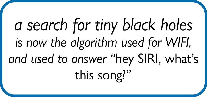 a search for tiny black holes is now the algorithm used for WIFI, and used to answer “hey SIRI, what’s this song?”